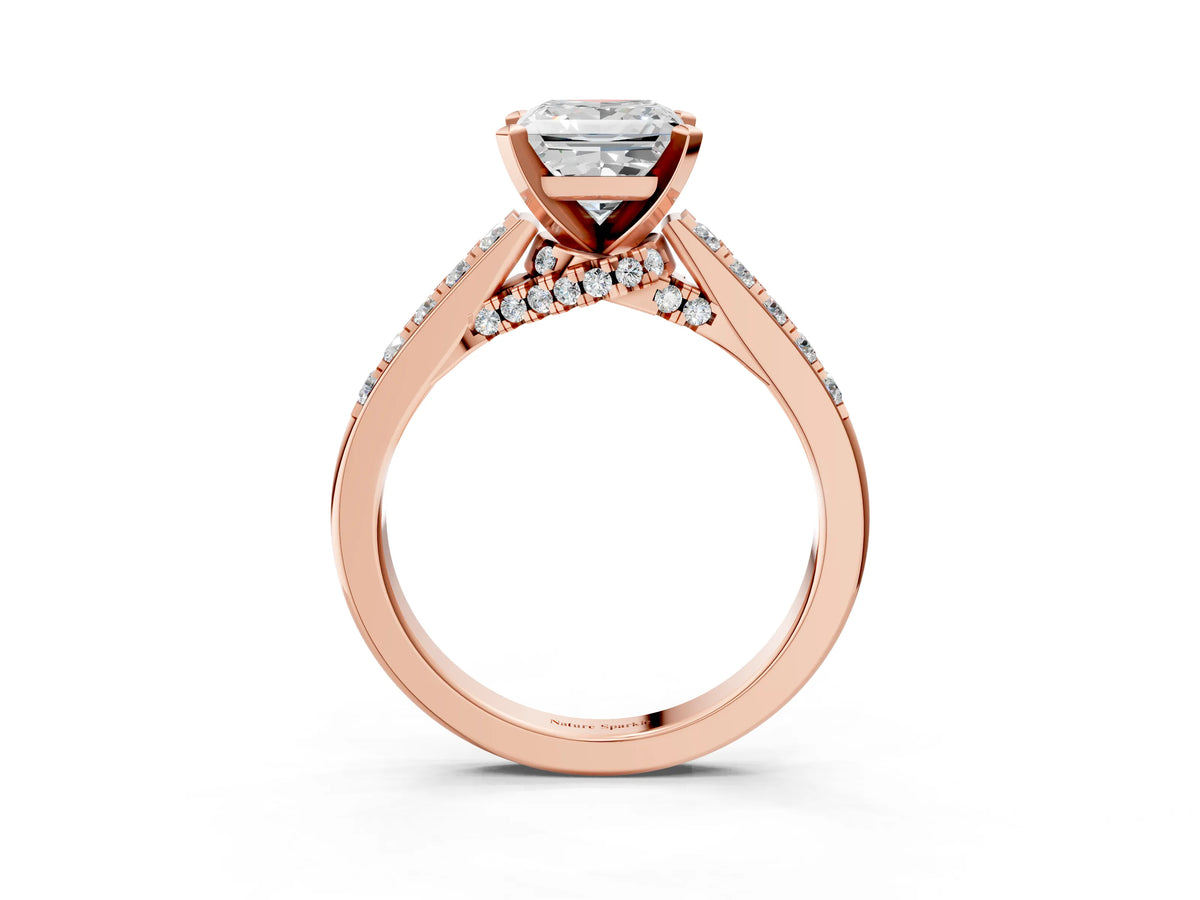 Asscher Cut Diamond Solitaire Ring in Rose gold with Crossover Gallery and Round Pavé Band_3