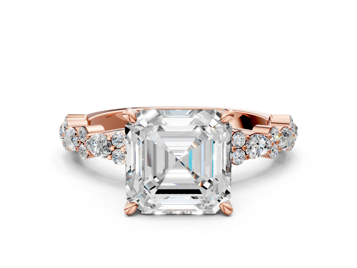 Asscher Cut Diamond Solitaire Ring in Rose gold with Pear and Round Cluster Band_12