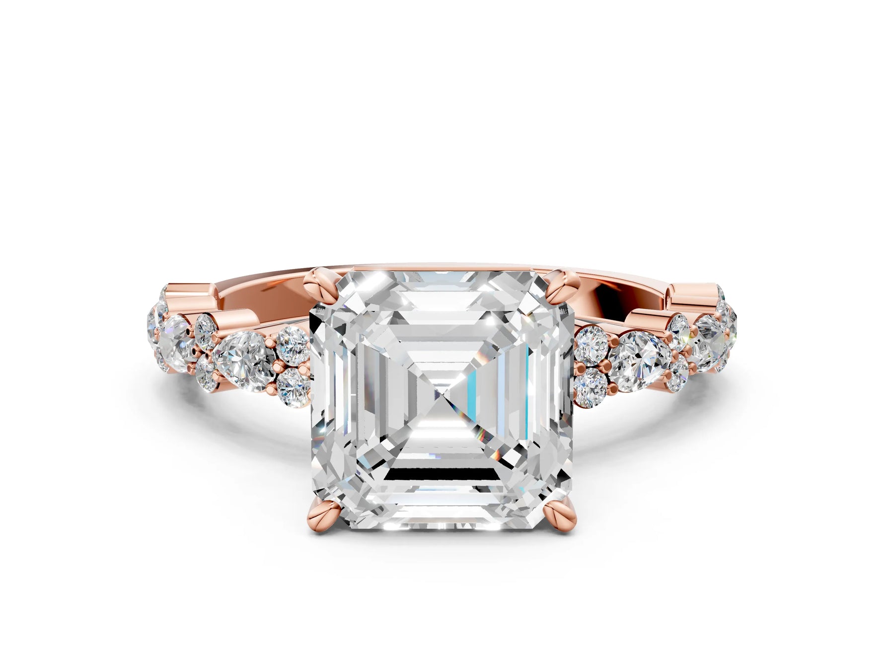 Asscher Cut Diamond Solitaire Ring in Rose gold with Pear and Round Cluster Band_12