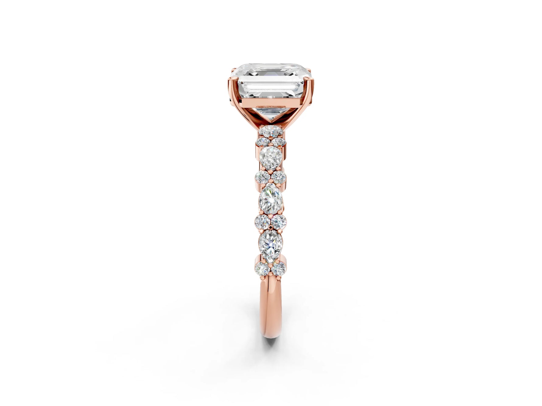 Asscher Cut Diamond Solitaire Ring in Rose gold with Pear and Round Cluster Band_14