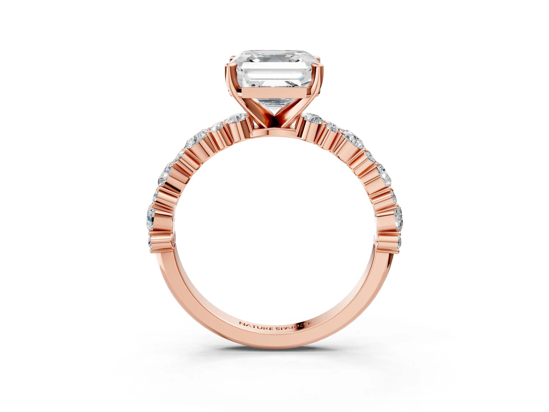 Asscher Cut Diamond Solitaire Ring in Rose gold with Pear and Round Cluster Band_15