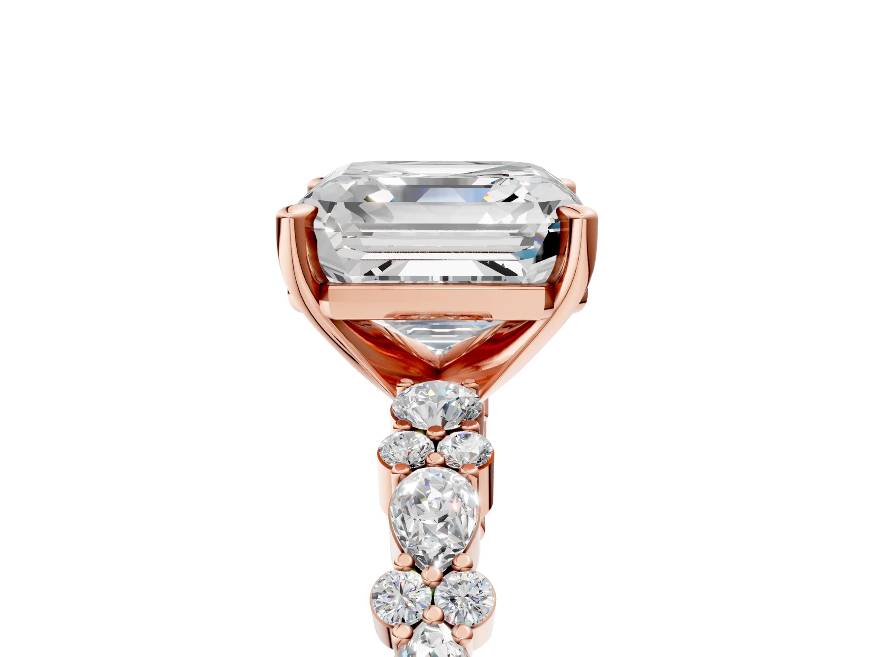 Asscher Cut Diamond Solitaire Ring in Rose gold with Pear and Round Cluster Band_17