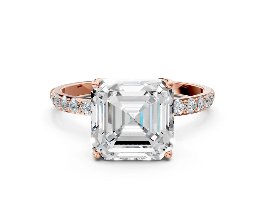 Asscher Cut Diamond Solitaire Ring in Rose gold with Round Shared Prong Pavé Band