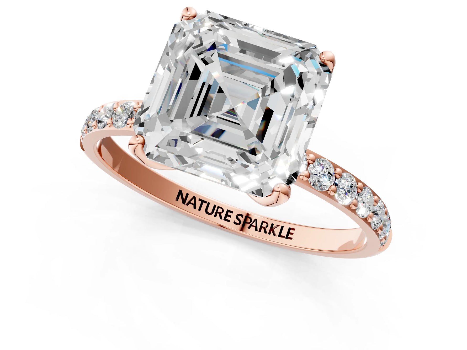 Asscher Cut Diamond Solitaire Ring in Rose gold with Round Shared Prong Pavé Band_19