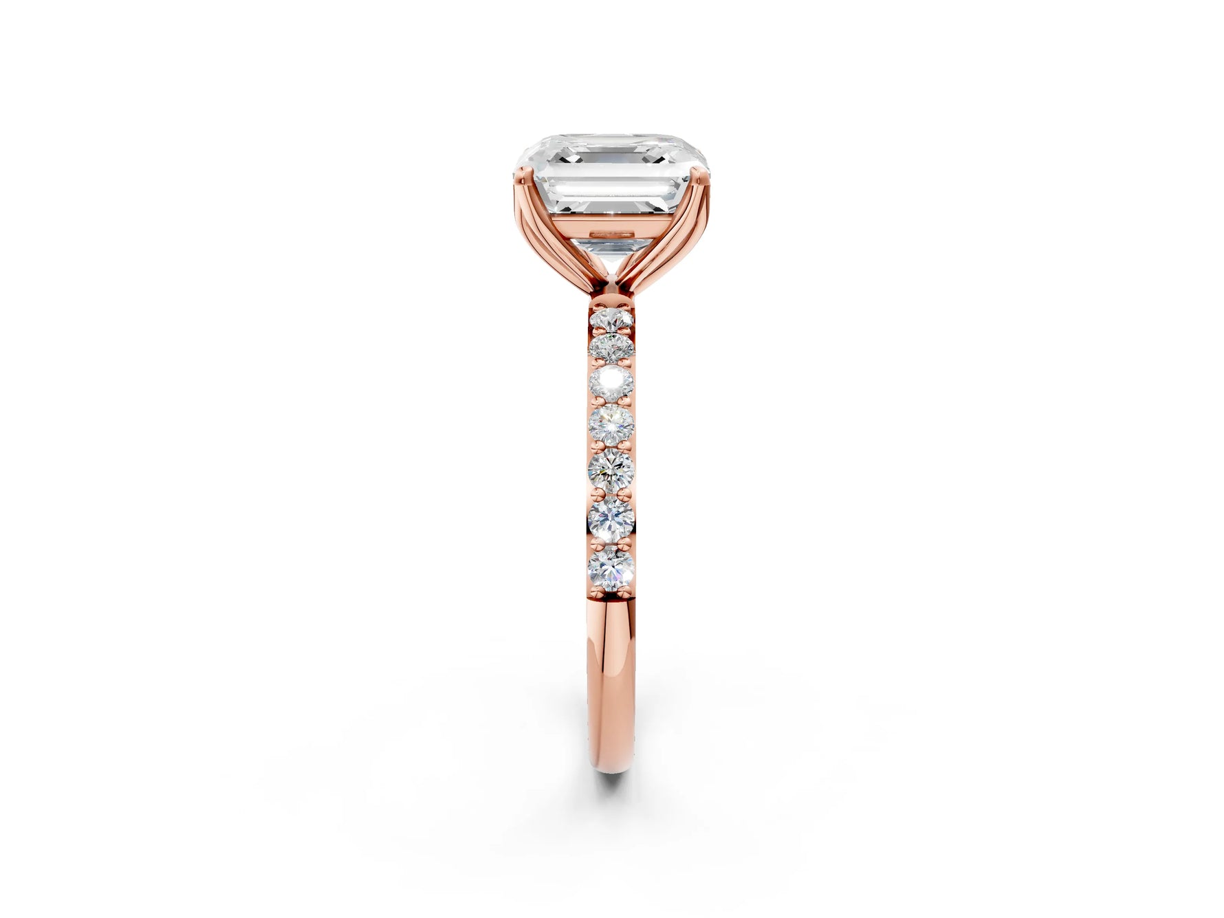 Asscher Cut Diamond Solitaire Ring in Rose gold with Round Shared Prong Pavé Band_20