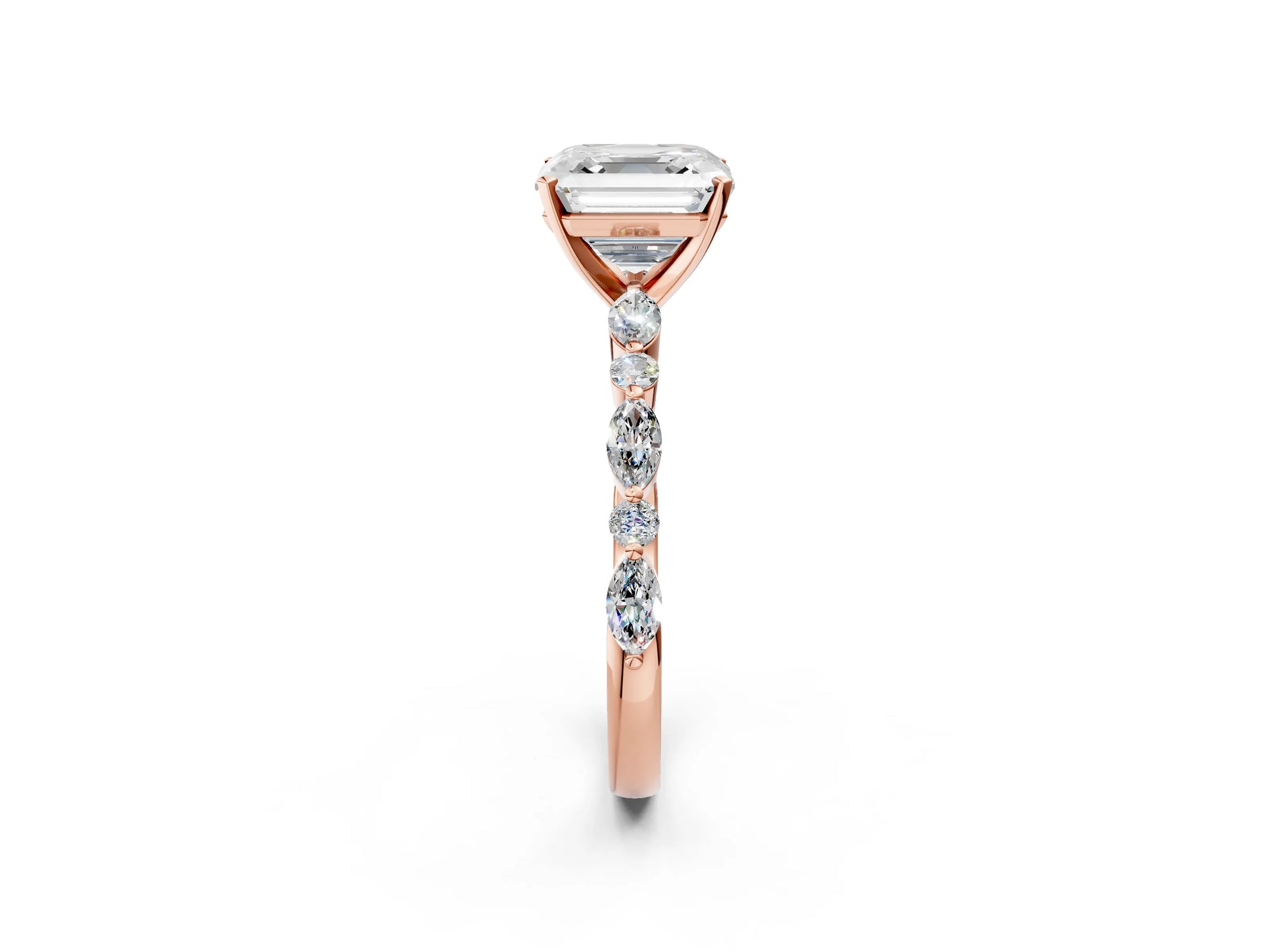Asscher Cut Diamond Solitaire Ring in Rose gold with Shared Prong Marquise and Round Side Stones_14