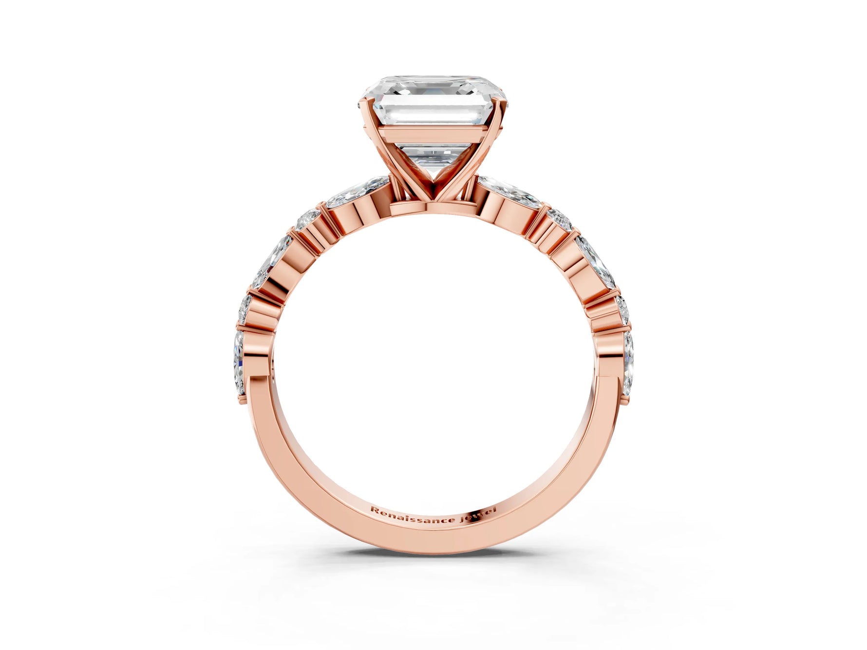 Asscher Cut Diamond Solitaire Ring in Rose gold with Shared Prong Marquise and Round Side Stones_15