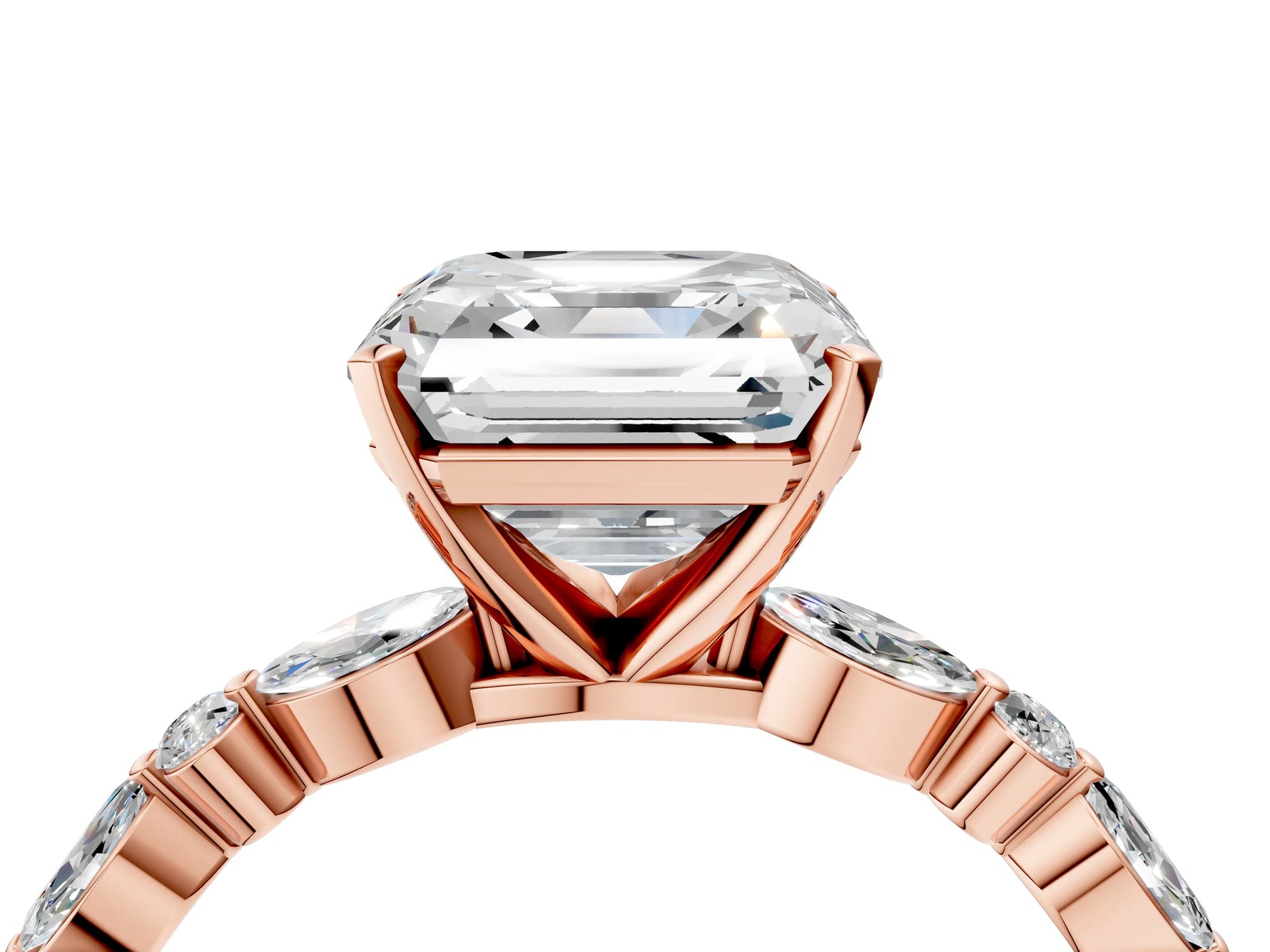 Asscher Cut Diamond Solitaire Ring in Rose gold with Shared Prong Marquise and Round Side Stones_16