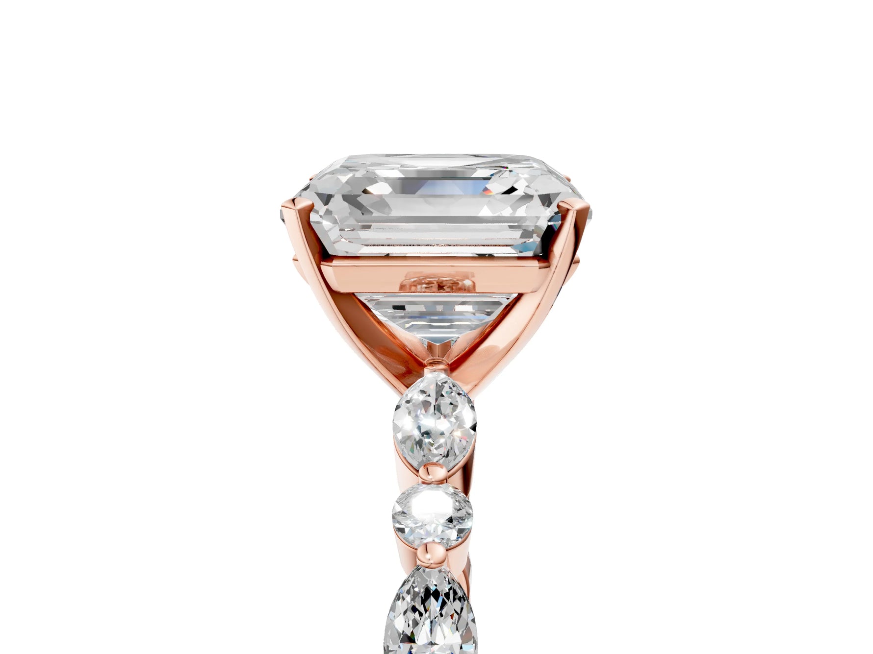 Asscher Cut Diamond Solitaire Ring in Rose gold with Shared Prong Marquise and Round Side Stones_17