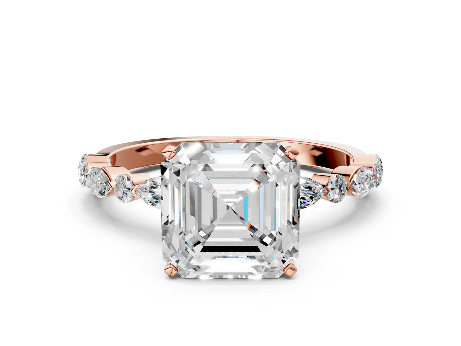 Asscher Cut Diamond Solitaire Ring in Rose gold with Shared Prong Marquise and Round Side Stones_36