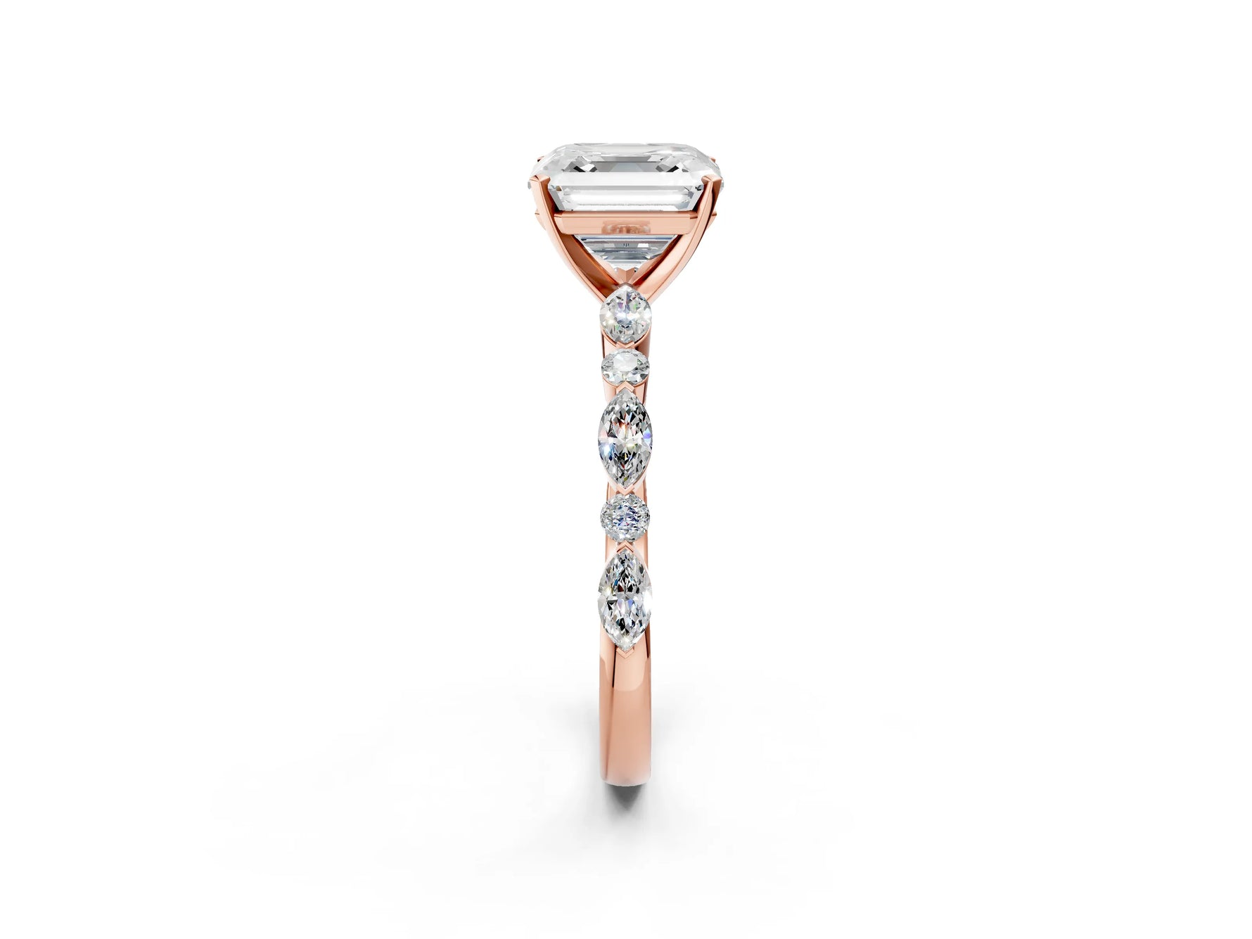 Asscher Cut Diamond Solitaire Ring in Rose gold with Shared Prong Marquise and Round Side Stones_38