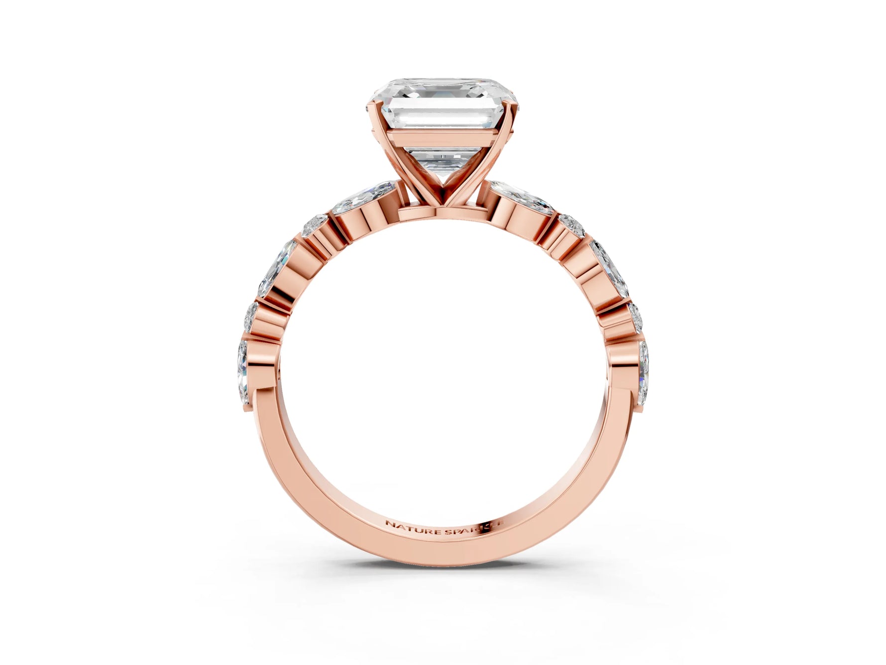 Asscher Cut Diamond Solitaire Ring in Rose gold with Shared Prong Marquise and Round Side Stones_39