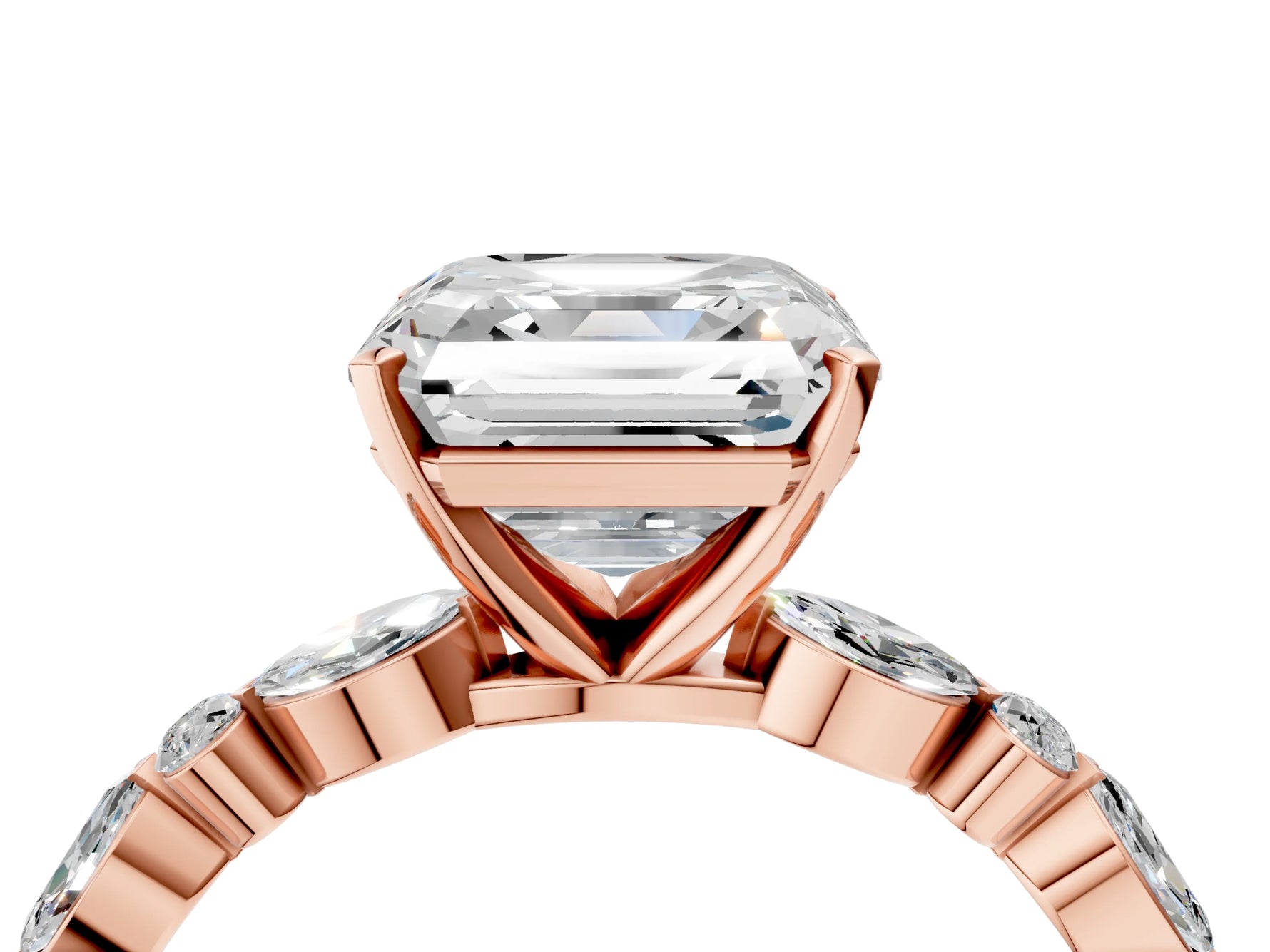 Asscher Cut Diamond Solitaire Ring in Rose gold with Shared Prong Marquise and Round Side Stones_40