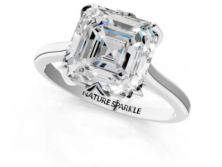 Asscher Cut Diamond Solitaire Ring in White gold with Flower Prong Setting