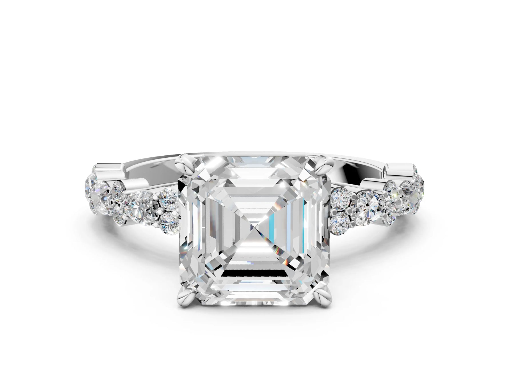 Asscher Cut Diamond Solitaire Ring in White gold with Pear and Round Cluster Band_12