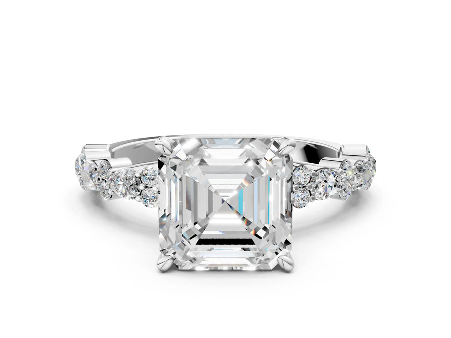 Asscher Cut Diamond Solitaire Ring in Silver with Pear and Round Cluster Band