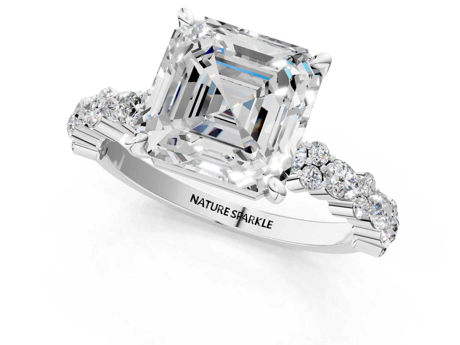 Asscher Cut Diamond Solitaire Ring in White gold with Pear and Round Cluster Band_13