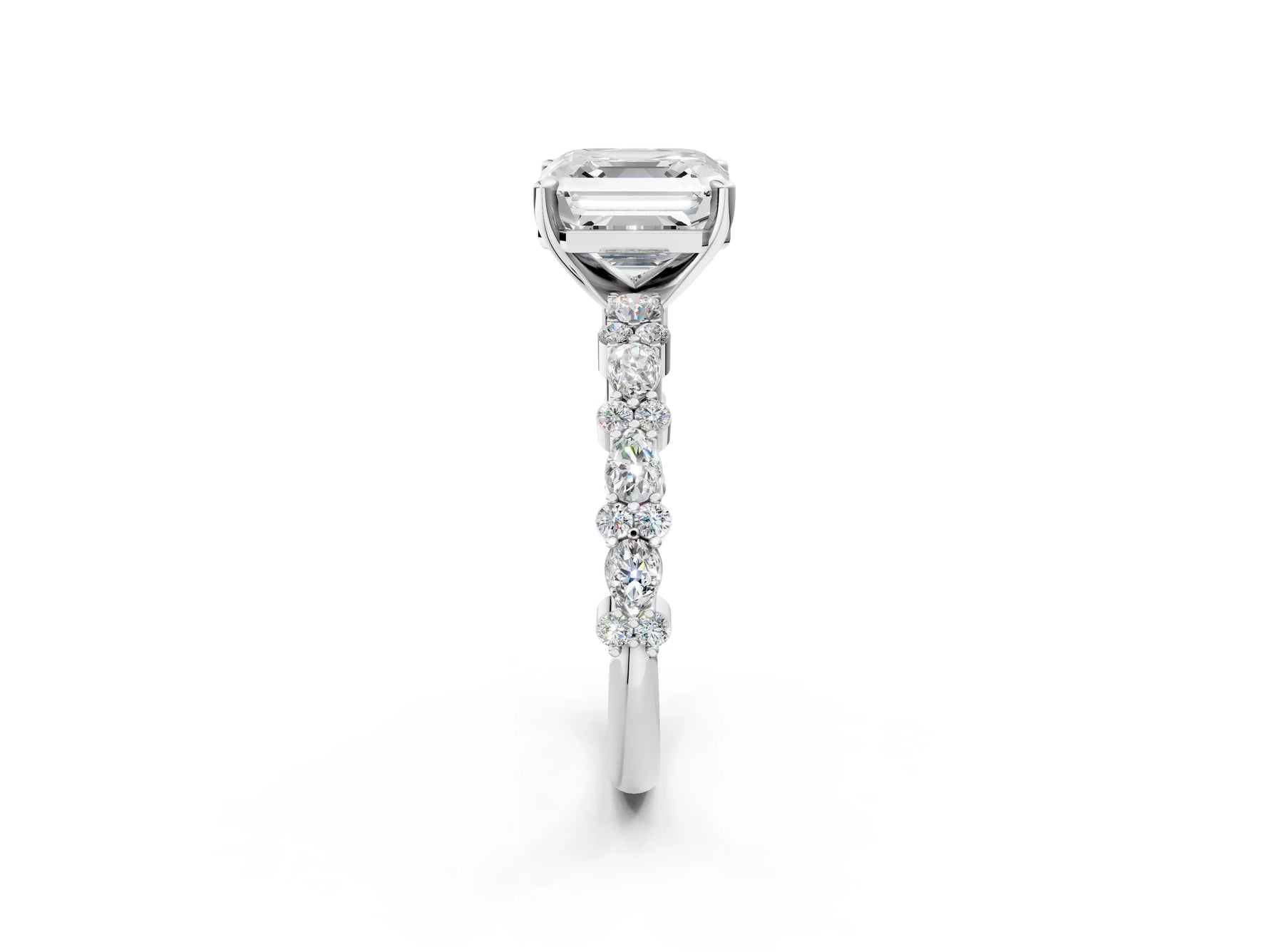 Asscher Cut Diamond Solitaire Ring in White gold with Pear and Round Cluster Band_14