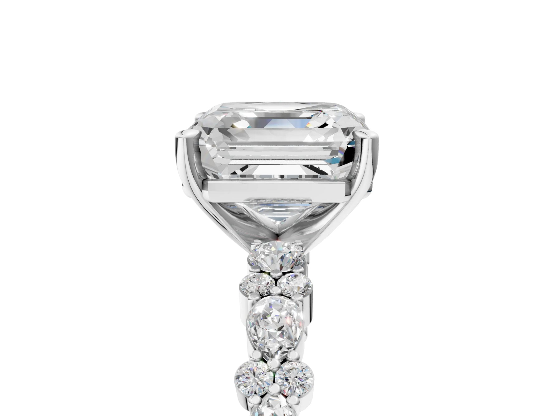 Asscher Cut Diamond Solitaire Ring in White gold with Pear and Round Cluster Band_17