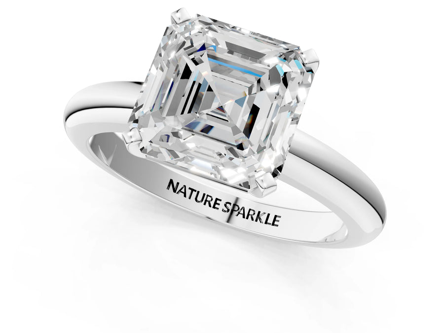 Asscher Cut Diamond Solitaire Ring in Platinum with Prong Setting and Rounded Band
