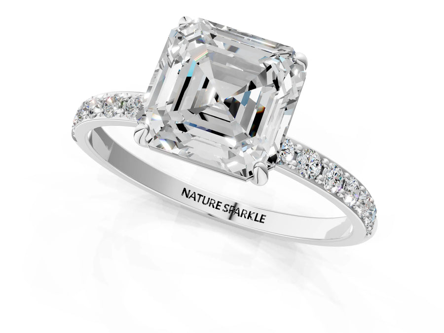Asscher Cut Diamond Solitaire Ring in Silver with Round Pavé Band