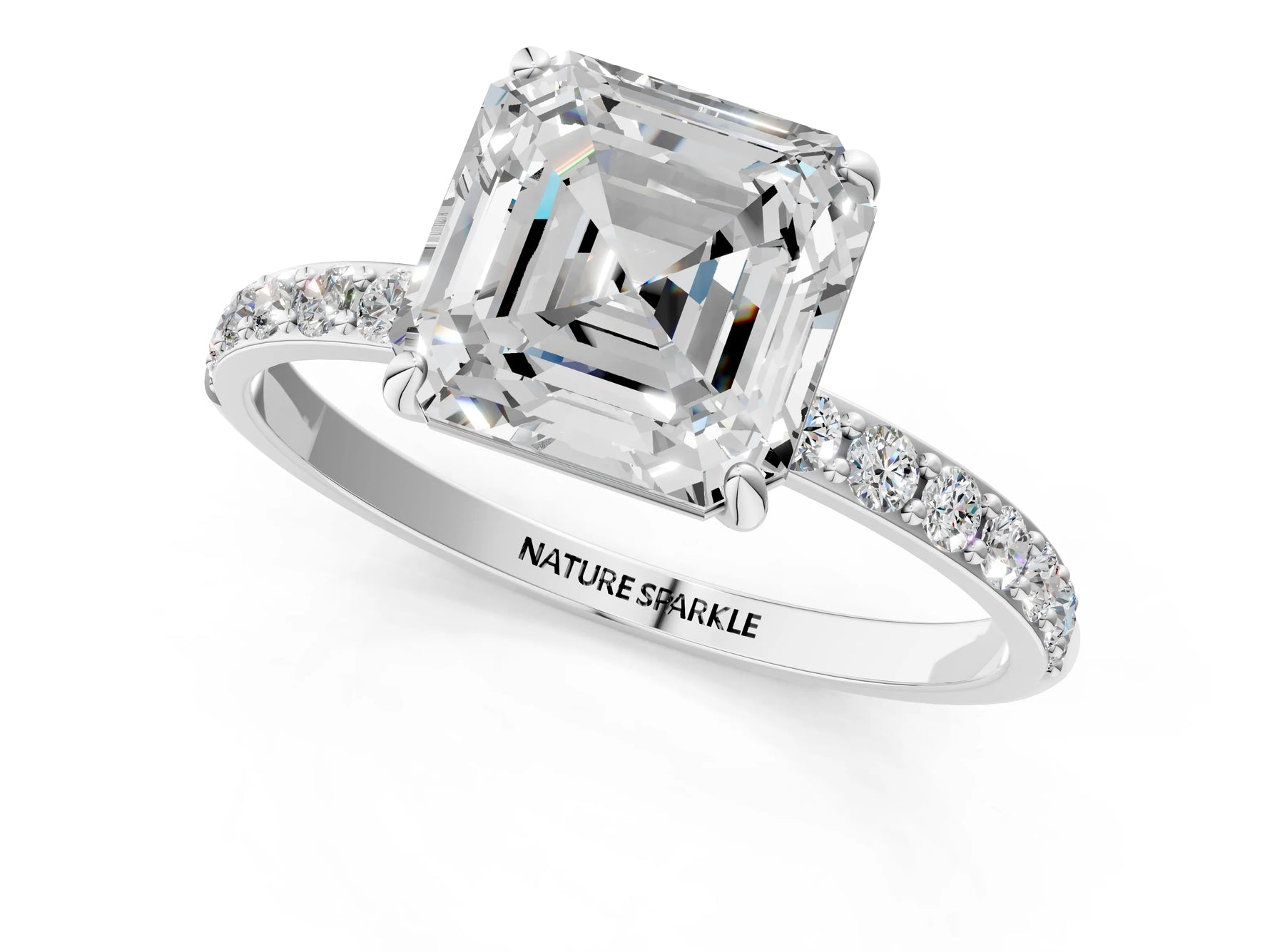 Asscher Cut Diamond Solitaire Ring in White gold with Round Pavé Band_7
