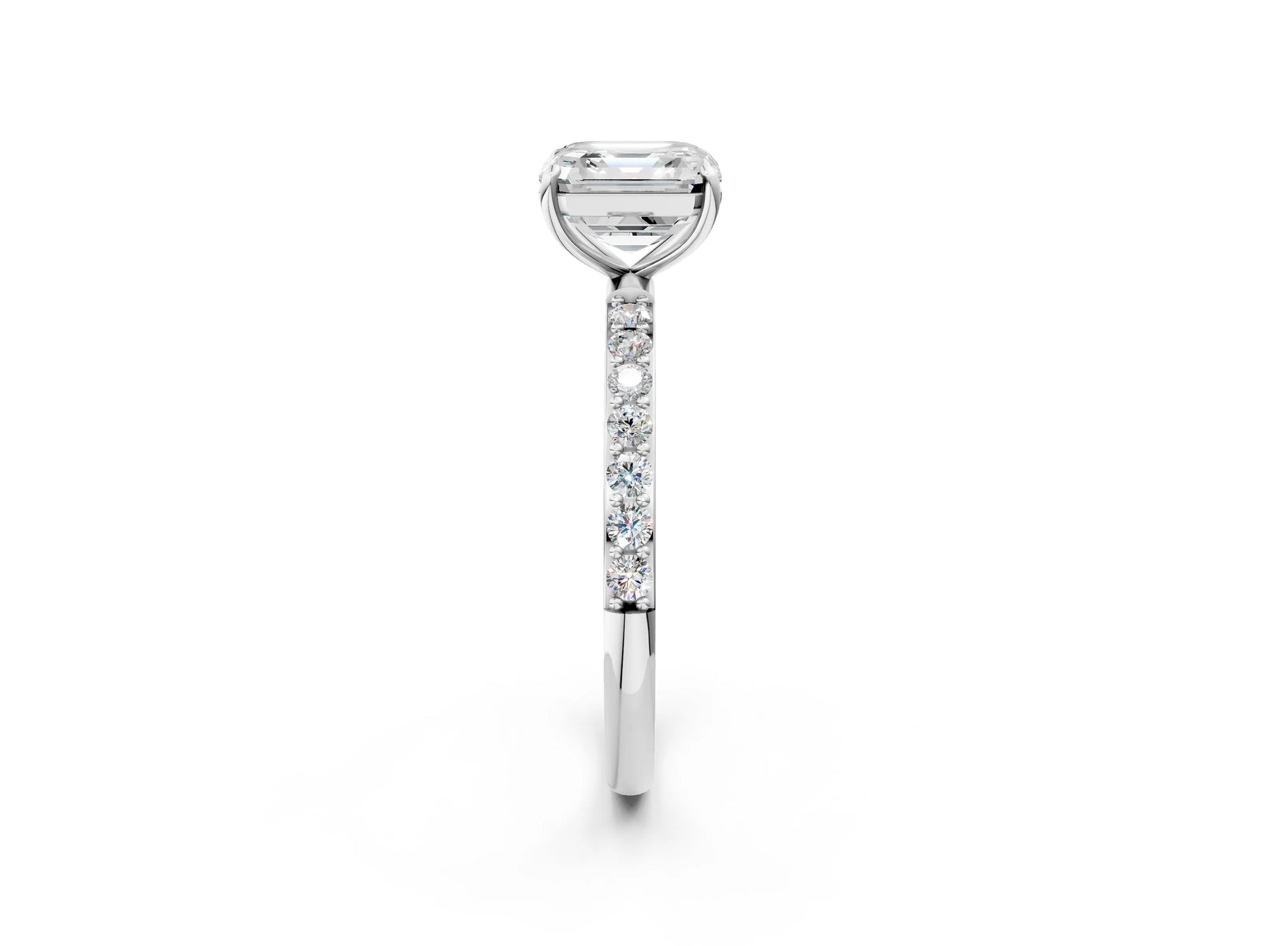 Asscher Cut Diamond Solitaire Ring in White gold with Round Pavé Band_8