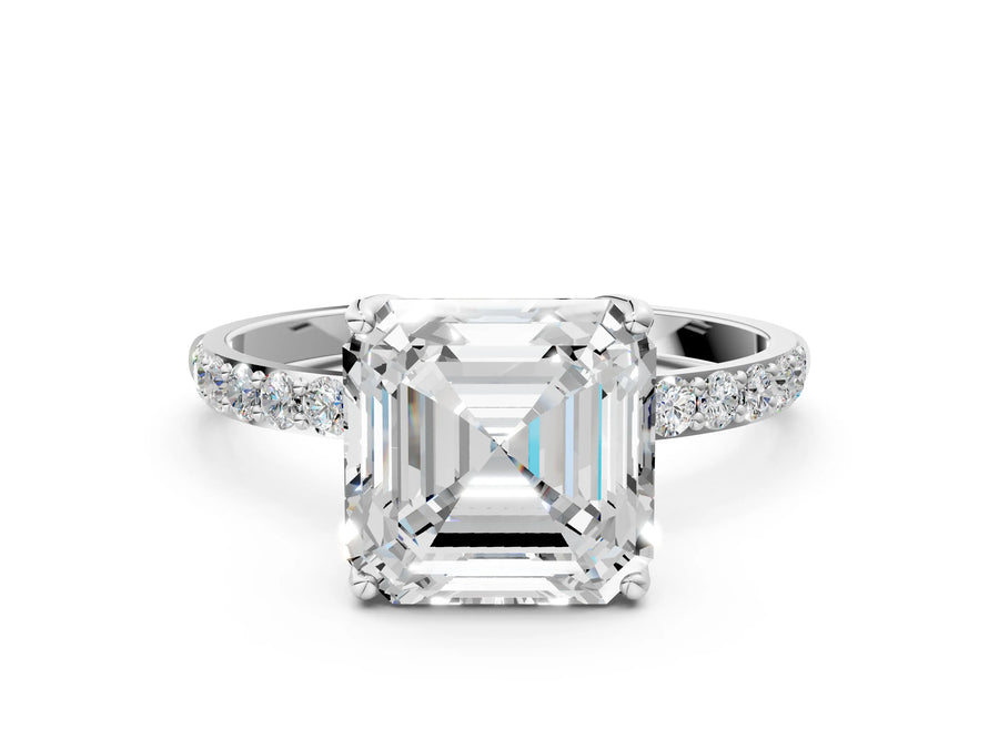 Asscher Cut Diamond Solitaire Ring in Silver with Round Shared Prong Pavé Band