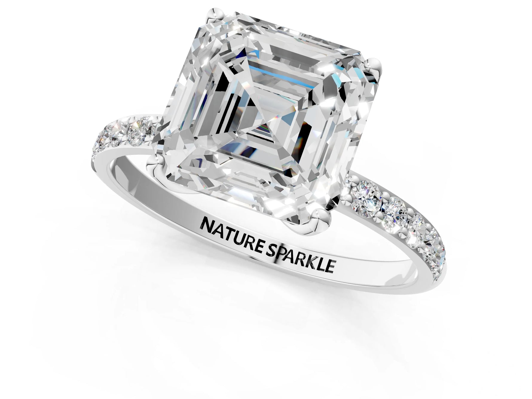Asscher Cut Diamond Solitaire Ring in White gold with Round Shared Prong Pavé Band_13