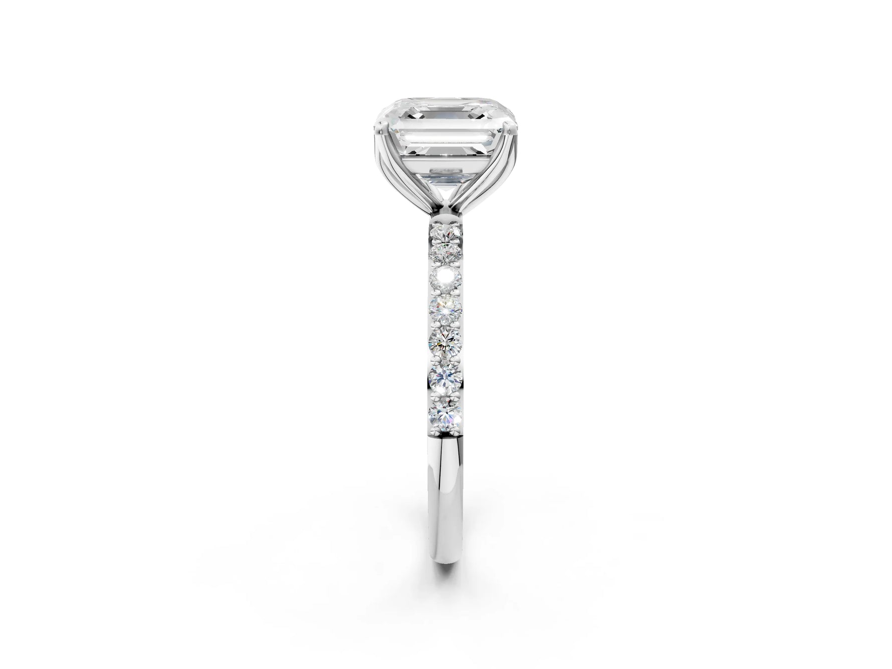 Asscher Cut Diamond Solitaire Ring in White gold with Round Shared Prong Pavé Band_14