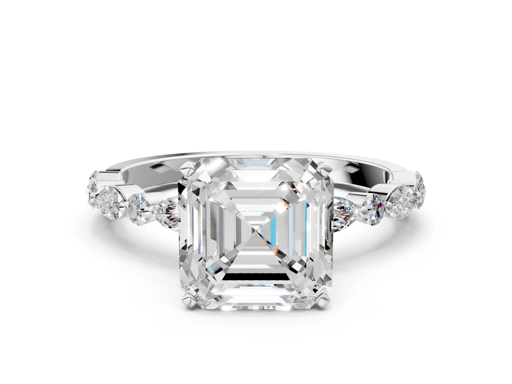 Asscher Cut Diamond Solitaire Ring in White gold with Shared Prong Marquise and Round Side Stones_12