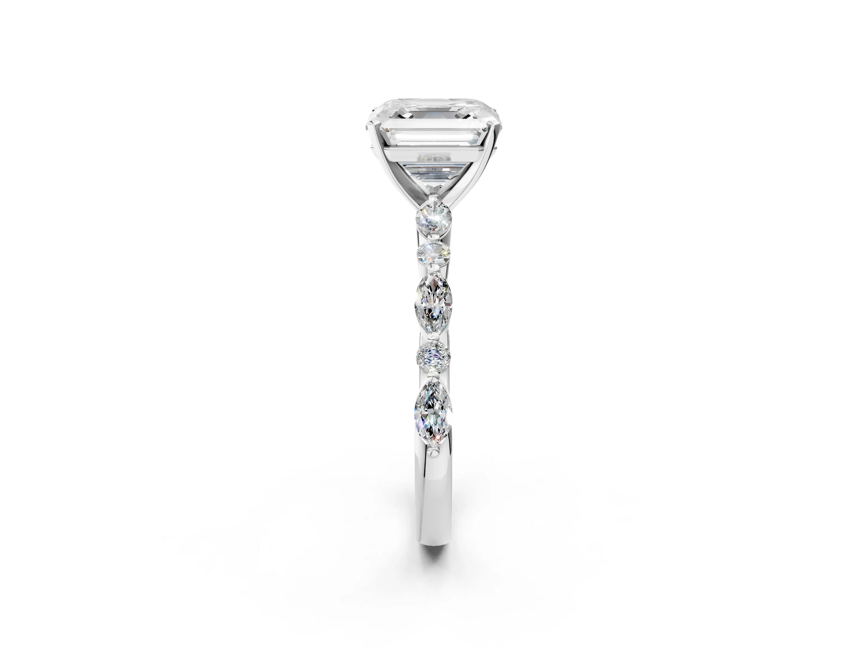 Asscher Cut Diamond Solitaire Ring in White gold with Shared Prong Marquise and Round Side Stones_14