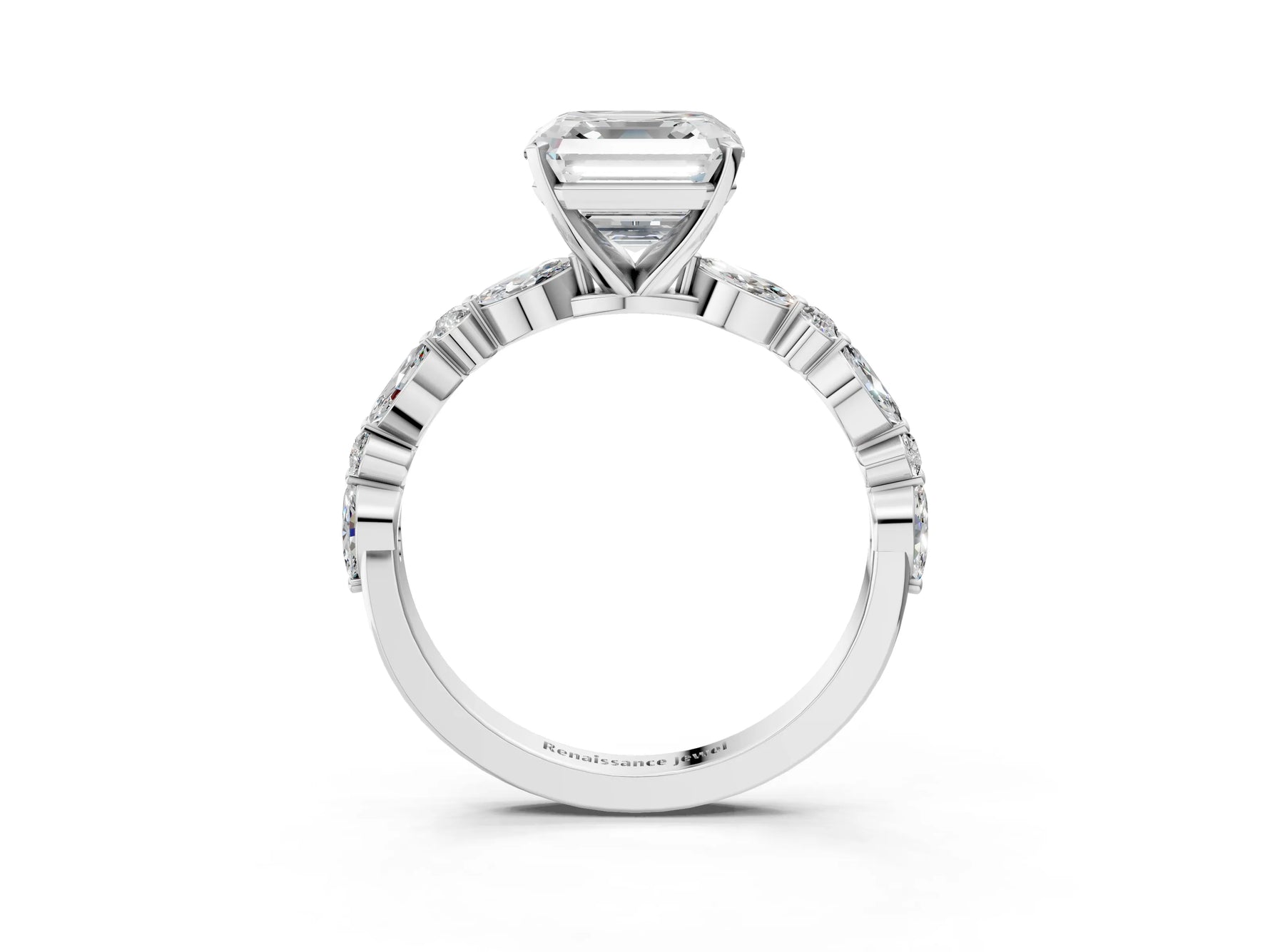 Asscher Cut Diamond Solitaire Ring in White gold with Shared Prong Marquise and Round Side Stones_15