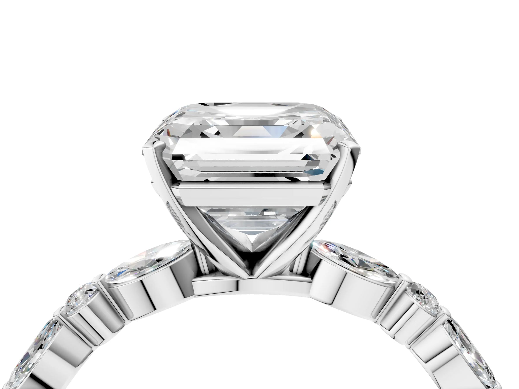 Asscher Cut Diamond Solitaire Ring in White gold with Shared Prong Marquise and Round Side Stones_16