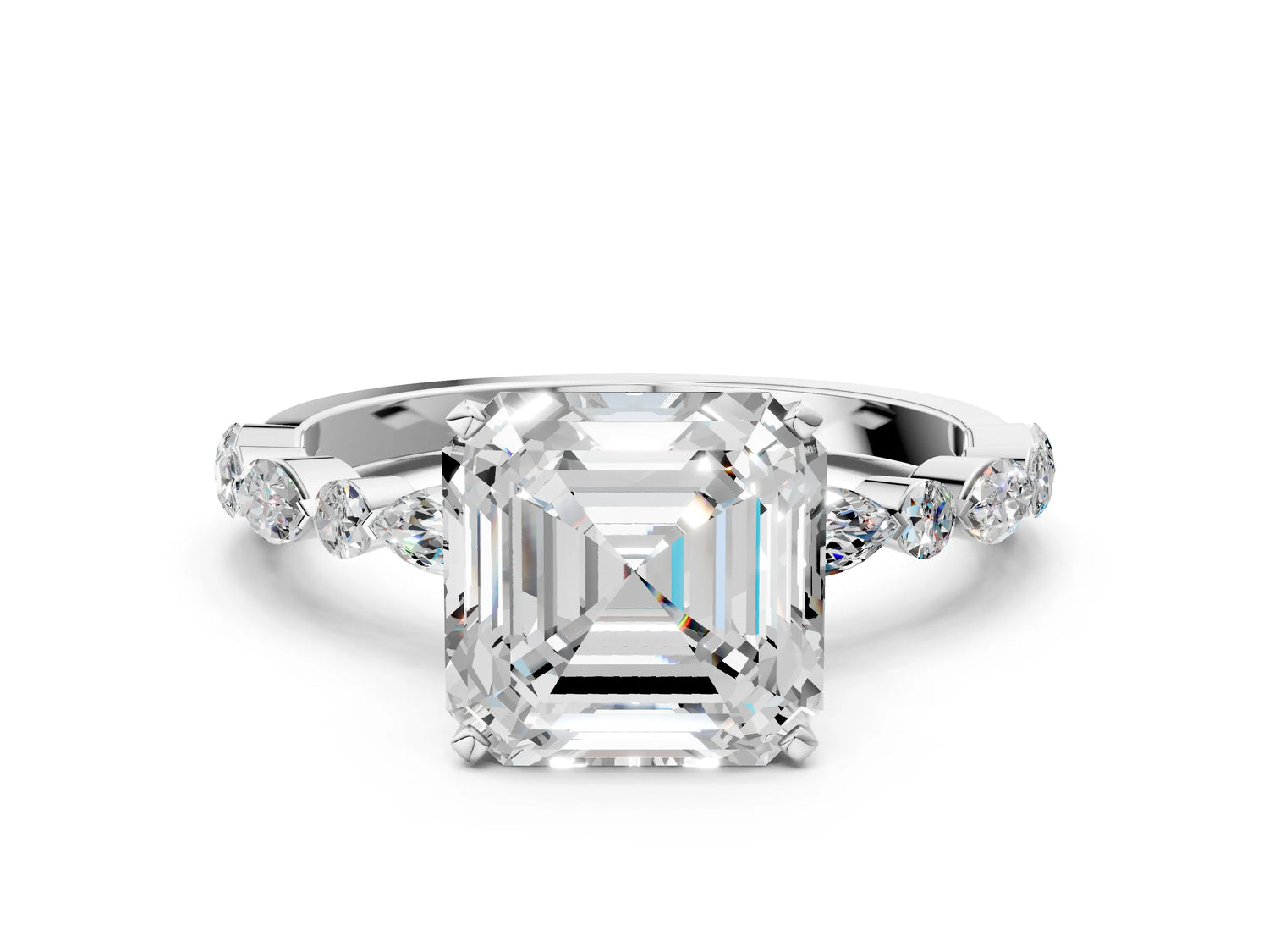 Asscher Cut Diamond Solitaire Ring in White gold with Shared Prong Marquise and Round Side Stones_36