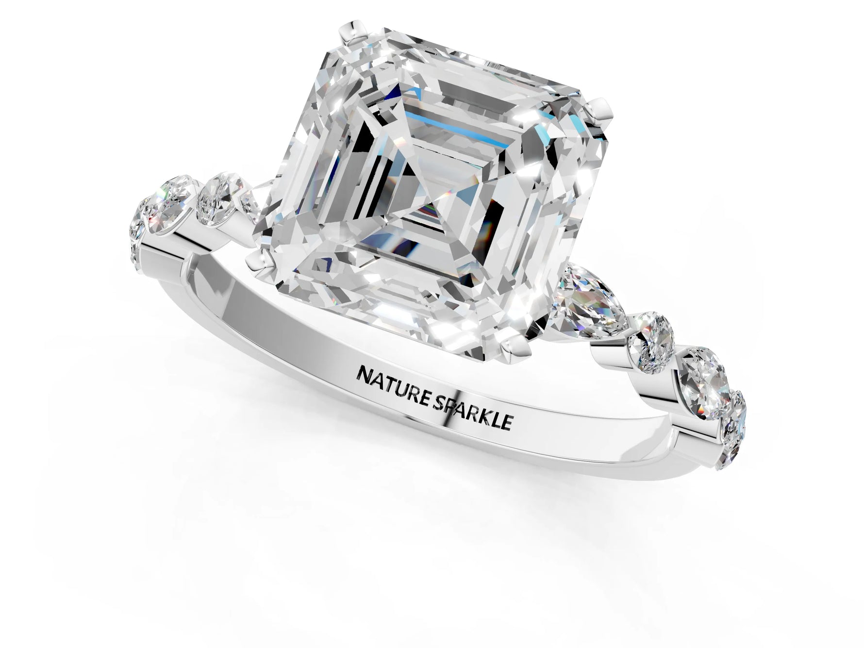 Asscher Cut Diamond Solitaire Ring in White gold with Shared Prong Marquise and Round Side Stones_37