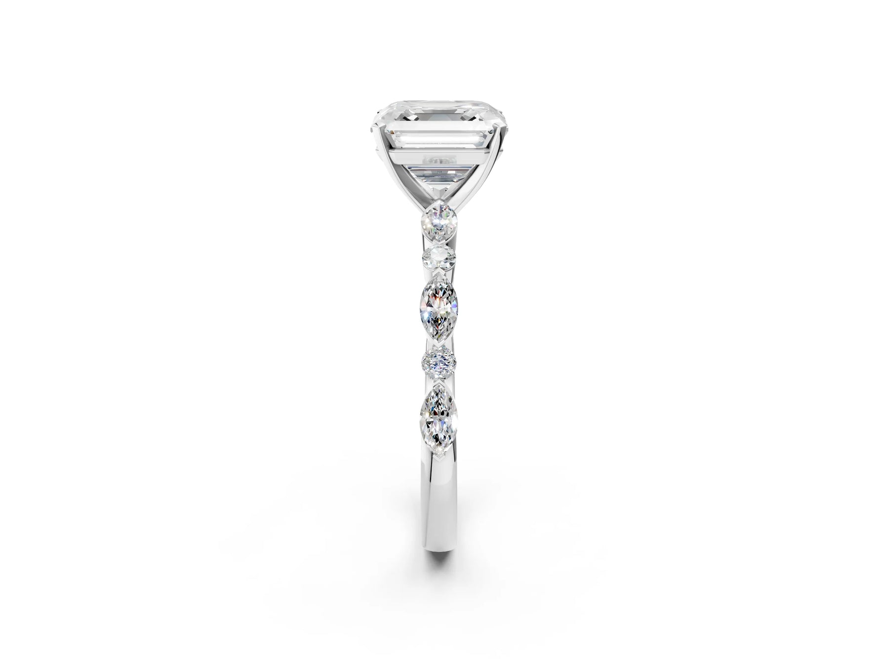 Asscher Cut Diamond Solitaire Ring in White gold with Shared Prong Marquise and Round Side Stones_38