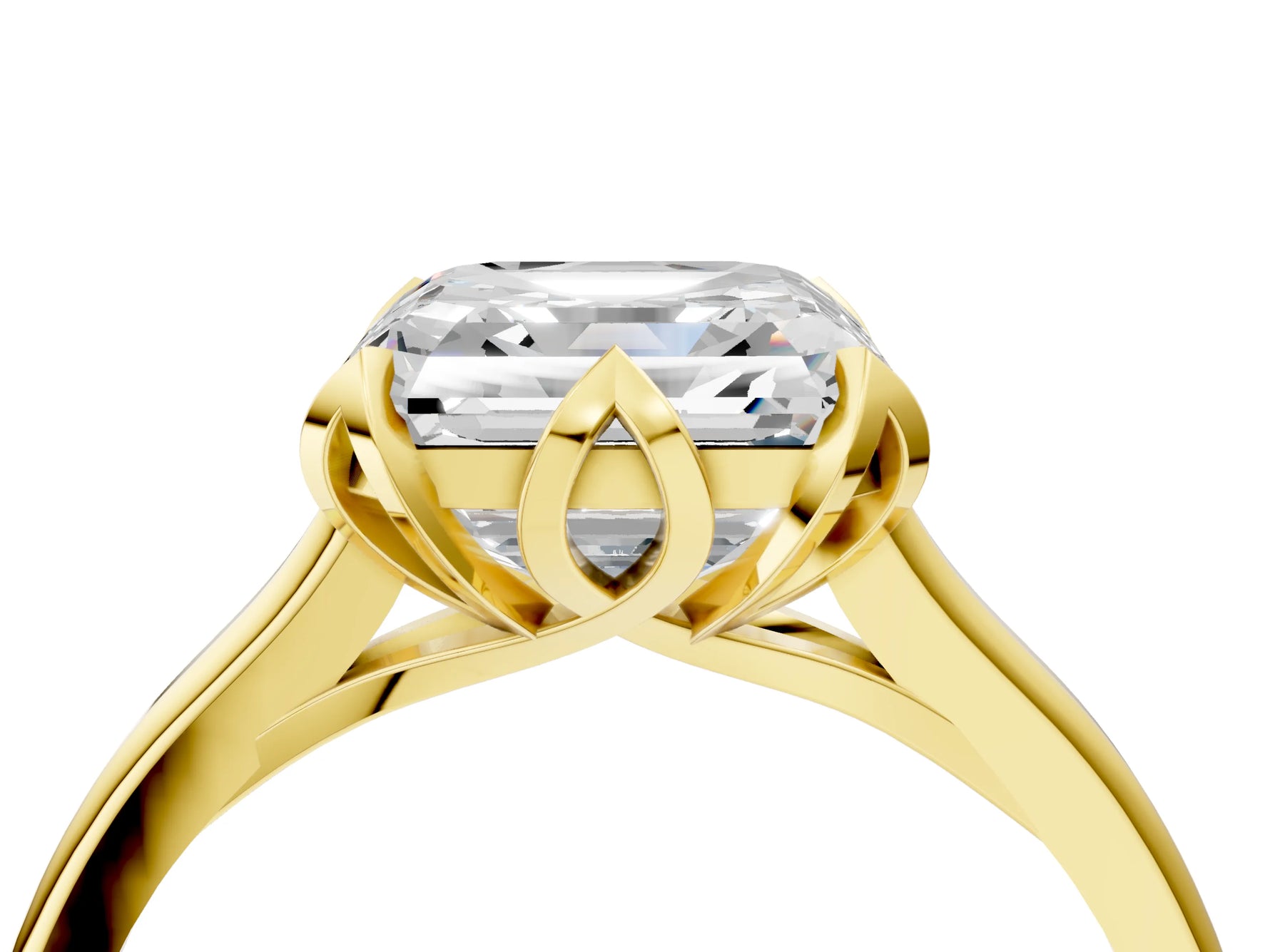 Asscher Cut Diamond Solitaire Ring in Yellow gold with Flower Prong Setting_22