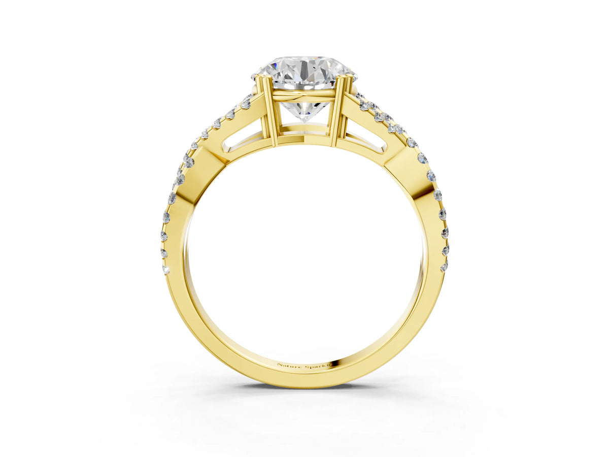 Asscher Cut Diamond Solitaire Ring in Yellow gold with Interwoven Pavé Band and Prong Setting_3