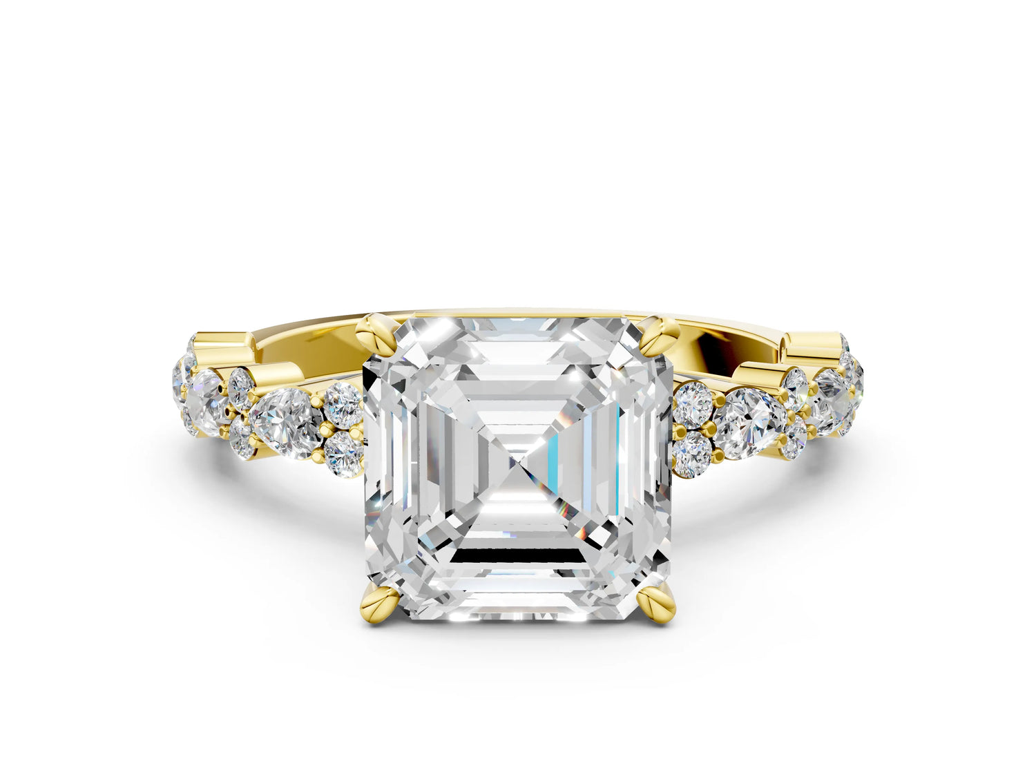 Asscher Cut Diamond Solitaire Ring in Yellow gold with Pear and Round Cluster Band_12