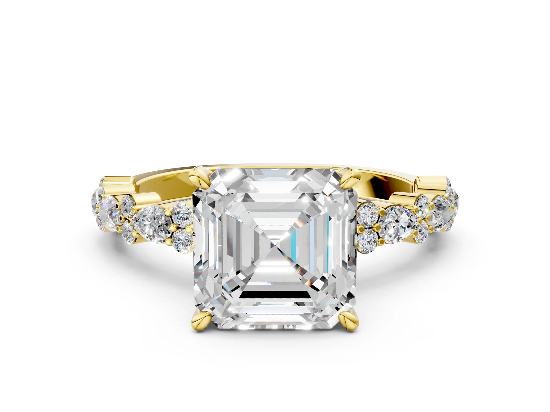 Asscher Cut Diamond Solitaire Ring in Yellow gold with Pear and Round Cluster Band_12
