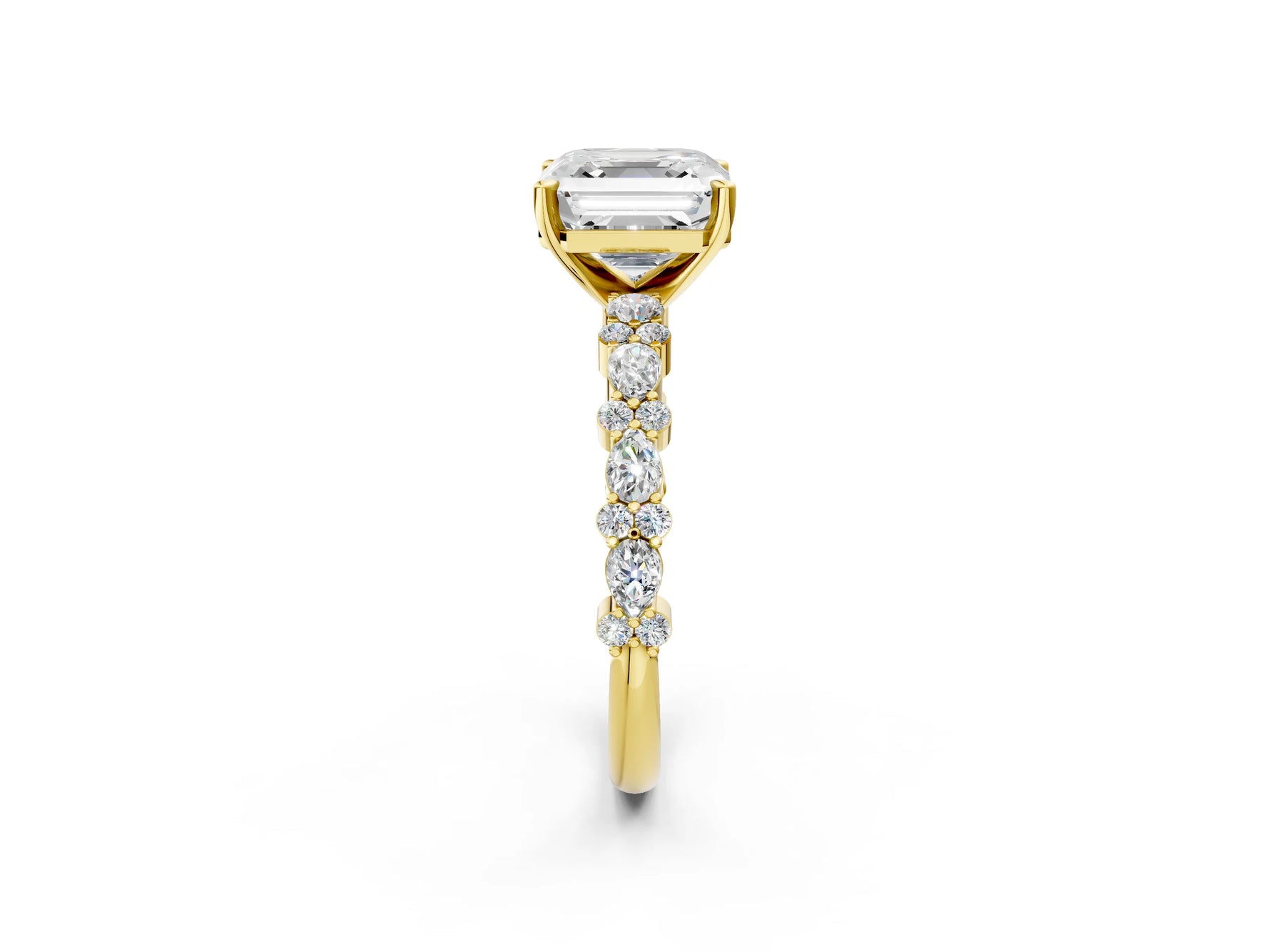 Asscher Cut Diamond Solitaire Ring in Yellow gold with Pear and Round Cluster Band_14