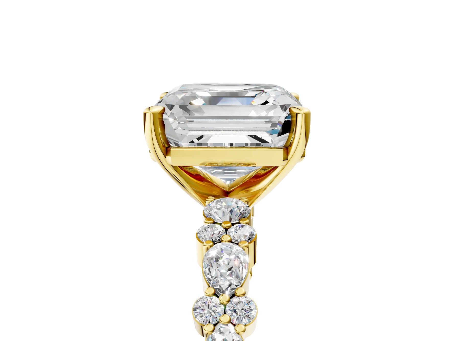 Asscher Cut Diamond Solitaire Ring in Yellow gold with Pear and Round Cluster Band_17