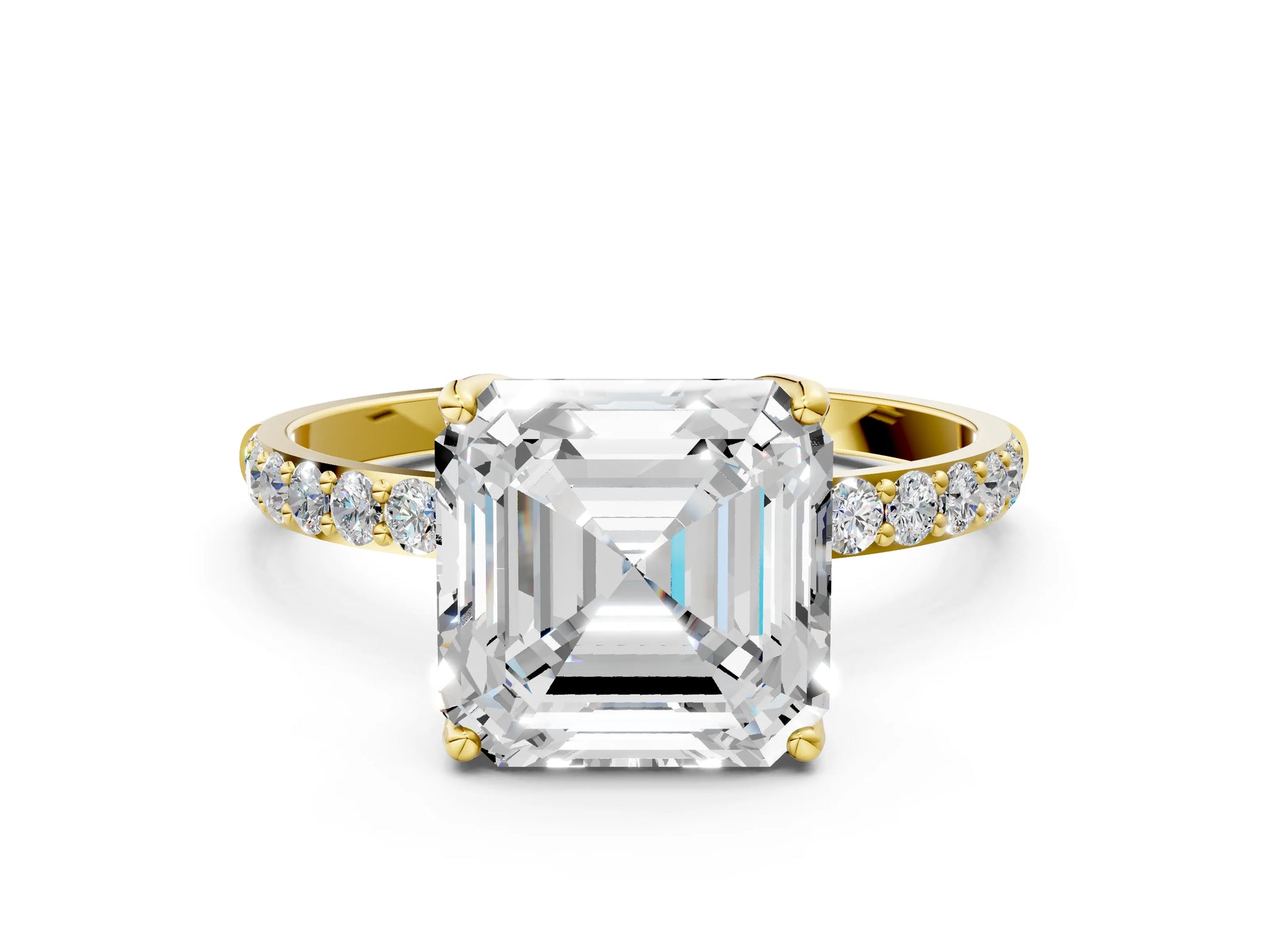 Asscher Cut Diamond Solitaire Ring in Yellow gold with Round Shared Prong Pavé Band_18