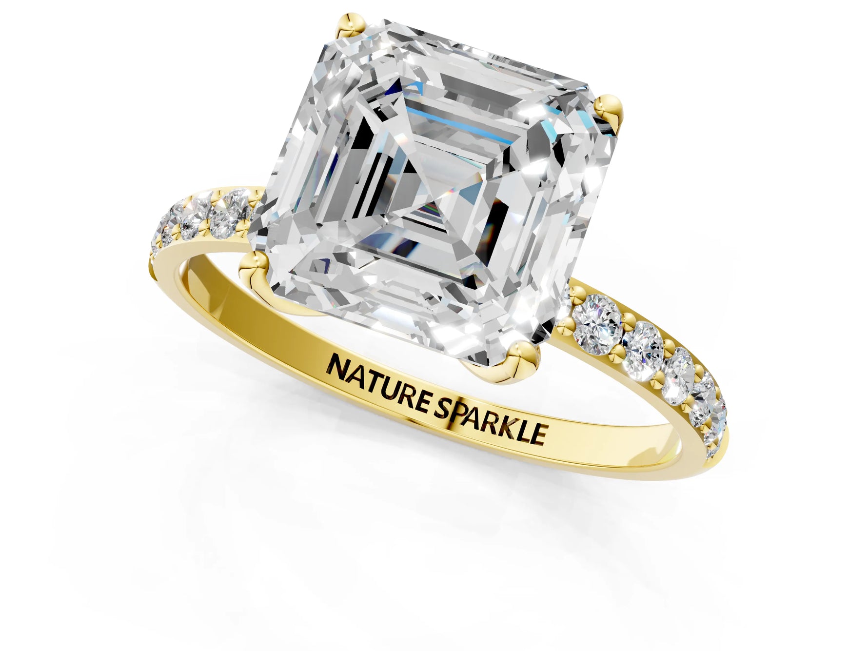 Asscher Cut Diamond Solitaire Ring in Yellow gold with Round Shared Prong Pavé Band_19