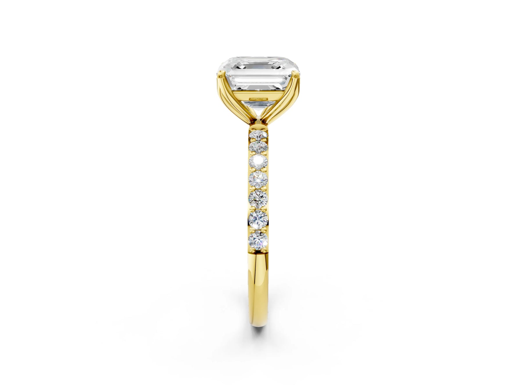 Asscher Cut Diamond Solitaire Ring in Yellow gold with Round Shared Prong Pavé Band_20