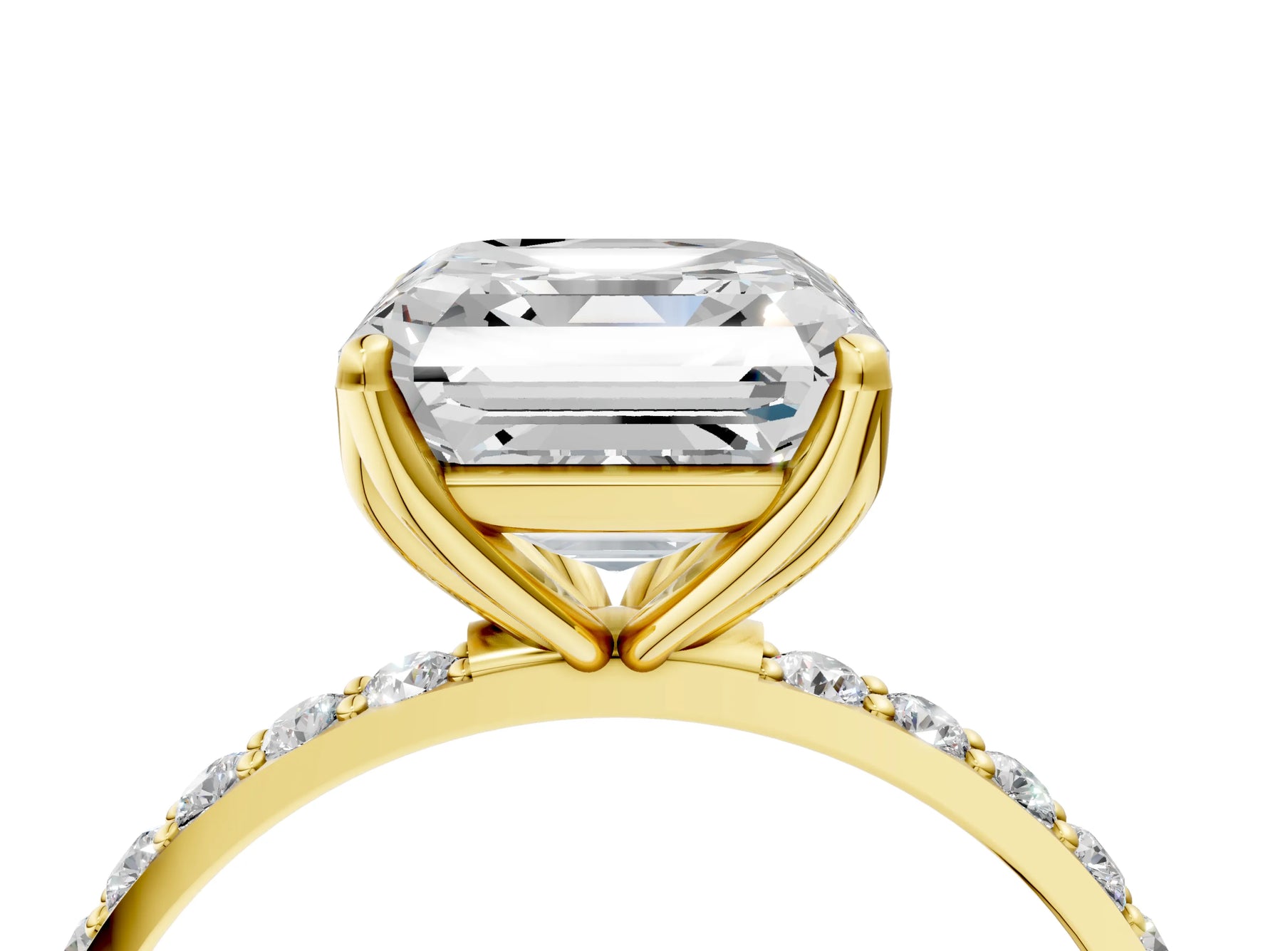 Asscher Cut Diamond Solitaire Ring in Yellow gold with Round Shared Prong Pavé Band_22