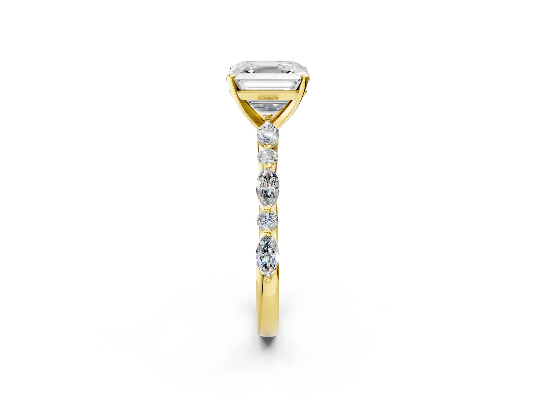Asscher Cut Diamond Solitaire Ring in Yellow gold with Shared Prong Marquise and Round Side Stones_14