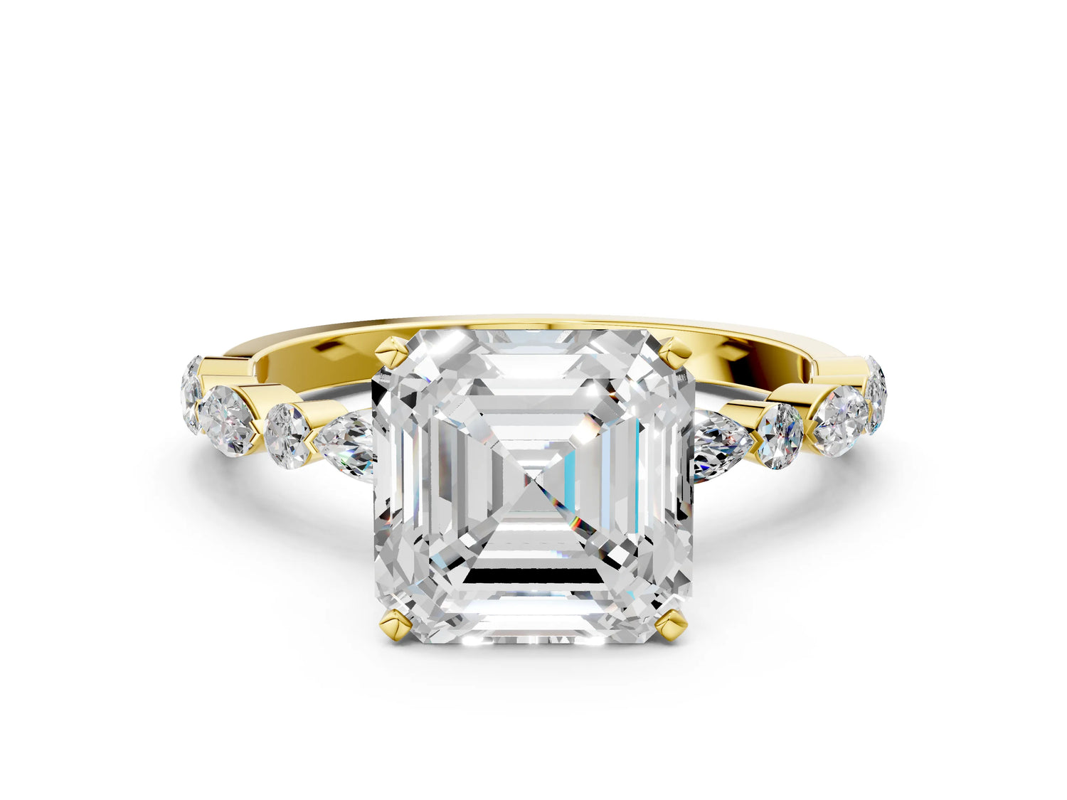 Asscher Cut Diamond Solitaire Ring in Yellow gold with Shared Prong Marquise and Round Side Stones_36
