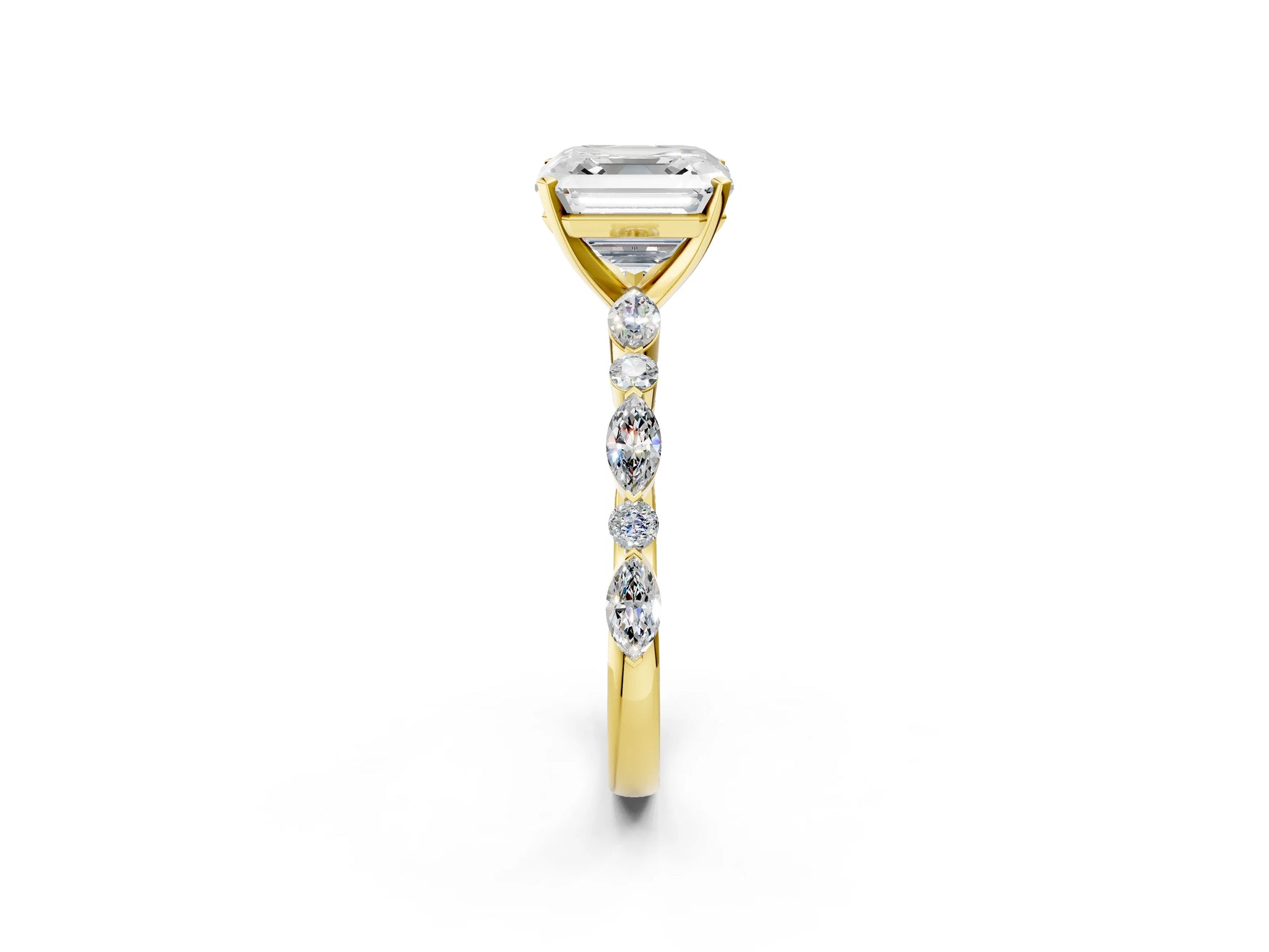 Asscher Cut Diamond Solitaire Ring in Yellow gold with Shared Prong Marquise and Round Side Stones_38